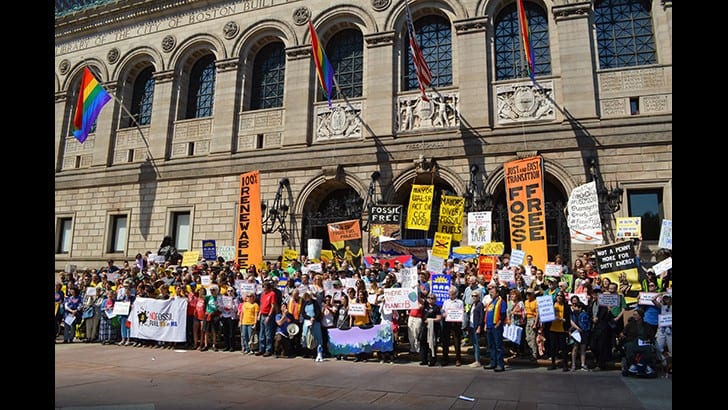 Climate protest outside June 8 US Conference of Mayors meeting in Boston. Photo courtesy Mass Sierra Club.