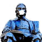 Collage of John Harvard Statue with a mask