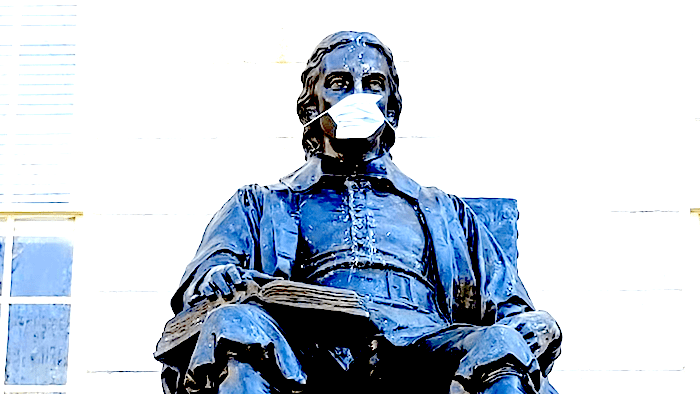 Collage of John Harvard Statue with a mask