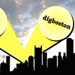 DigBoston and BINJ logos in spotlights on sky over Boston skyline
