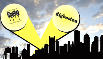 DigBoston and BINJ logos in spotlights on sky over Boston skyline