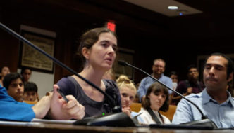 Laura Kiesel and Jordan Frias testify at the second journalism commission hearing, July 10, 2019. Photo courtesy of Sarah Betancourt.