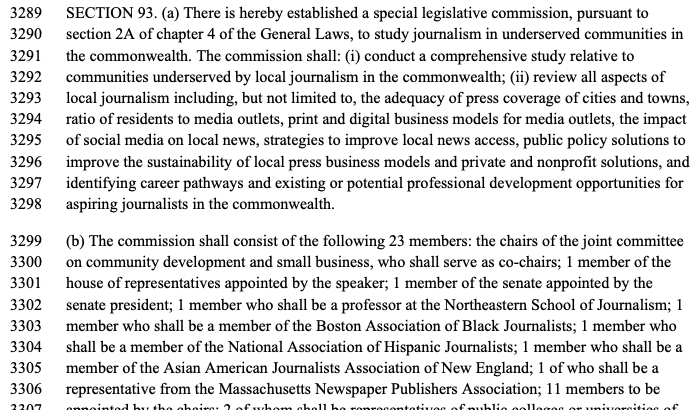 Screenshot of the text of the MA journalism commission law