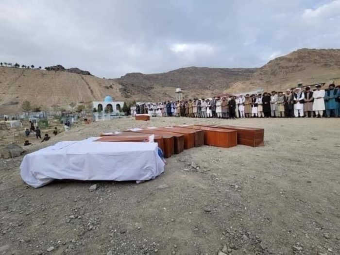 The coffins of Ezmerai Ahmadi and his family at their funeral. Photo by an Afghani present at the funeral. 