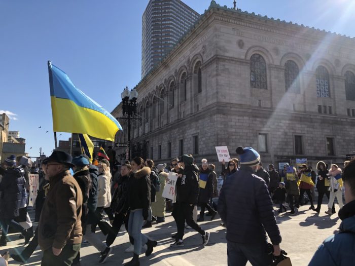 Feb. 27, 2022 Boston protest for peace in Ukraine outside Boston Public Library. Photo by Marena Mosher. Copyright 2022 Marena Mosher. Used with permission.