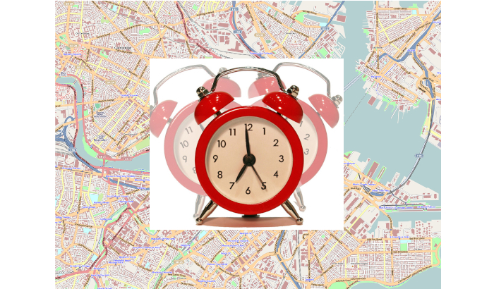 Collage by Jason Pramas, CC-BY 2.0. "Alarm Clock 2" image by Alan Cleaver is licensed under CC BY 2.0. "File:Map of Boston and Cambridge.png" image by OpenStreetMap contributors is licensed under CC BY-SA 2.0.